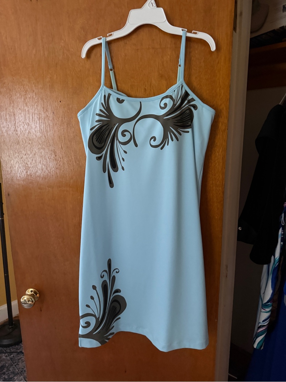Athleta Light Blue Slip Dress with Black Floral Motif